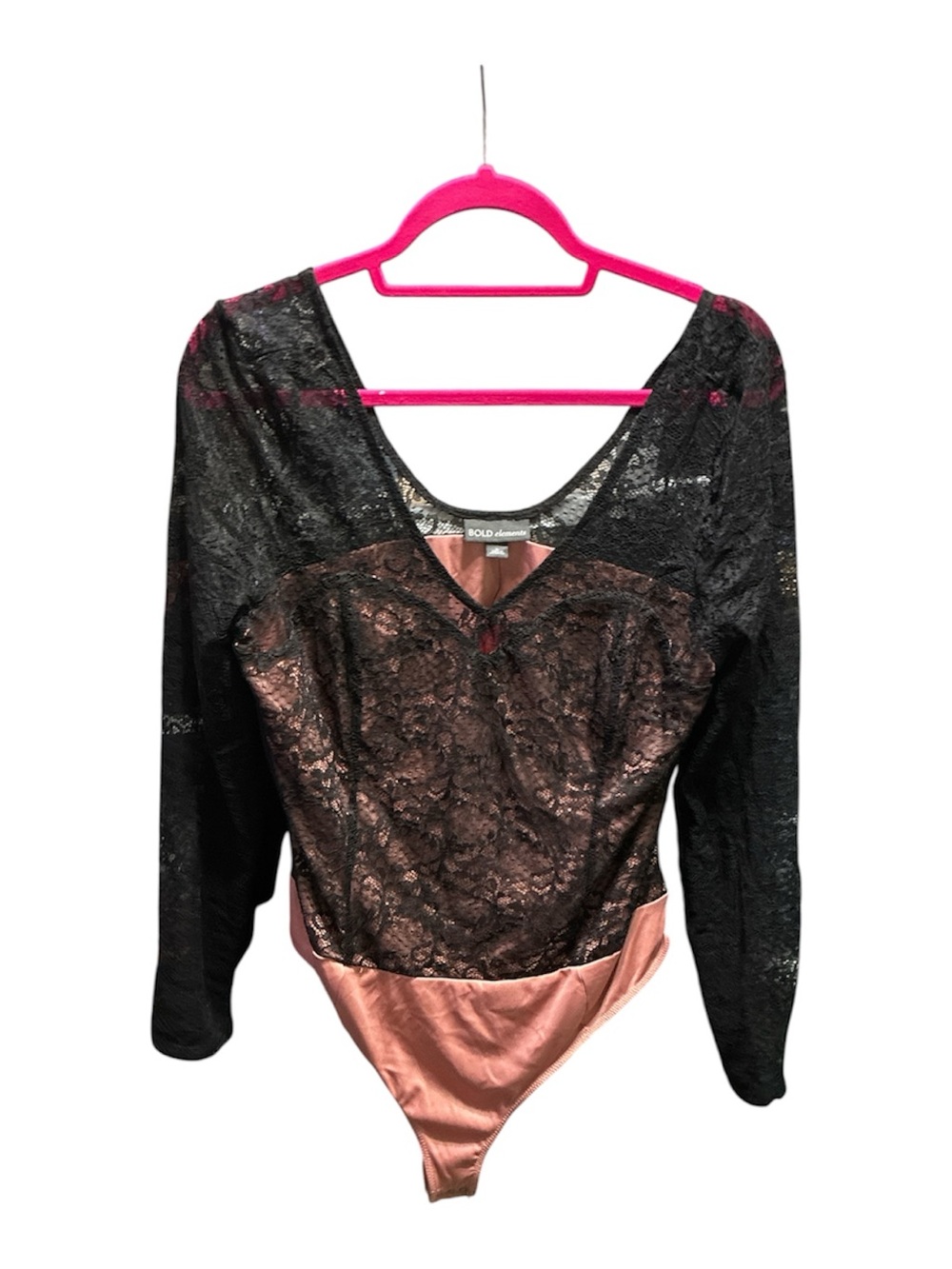 BOLD elements Black Lace & Rose Gold Satin Long Sleeve Bodysuit